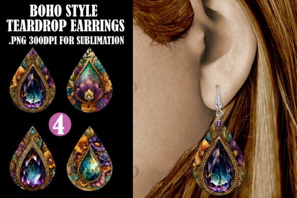Boho Floral Teardrop Earrings PNG, S3