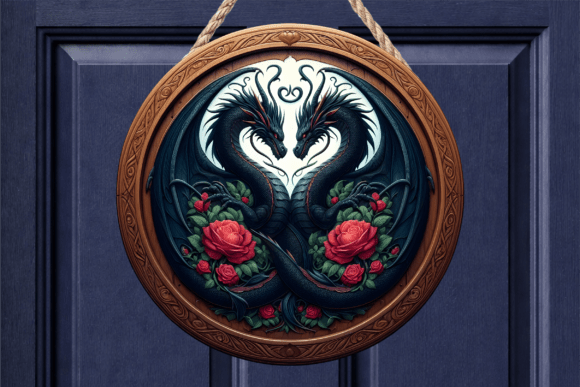 Dual Dragon Rose Floral Round Door Sign