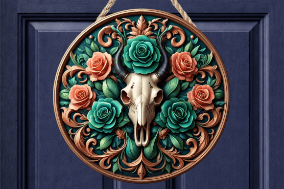 Floral Bull Skull Teal Rose Door Sign