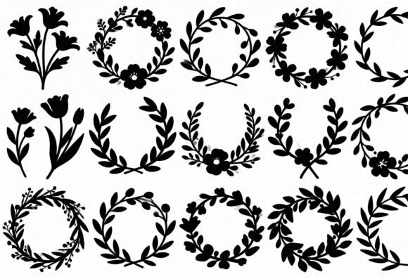 Floral Wreath Clipart Bundle Black