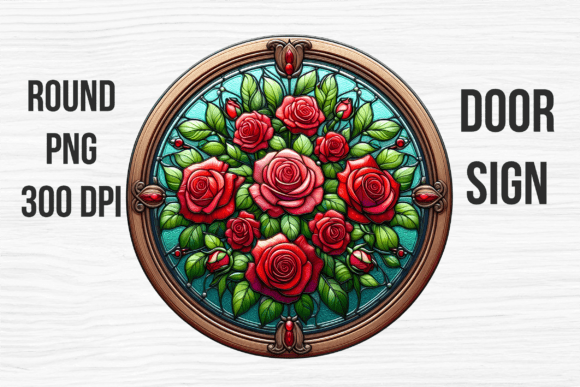 Stained Glass Red Rose Floral Door Sign